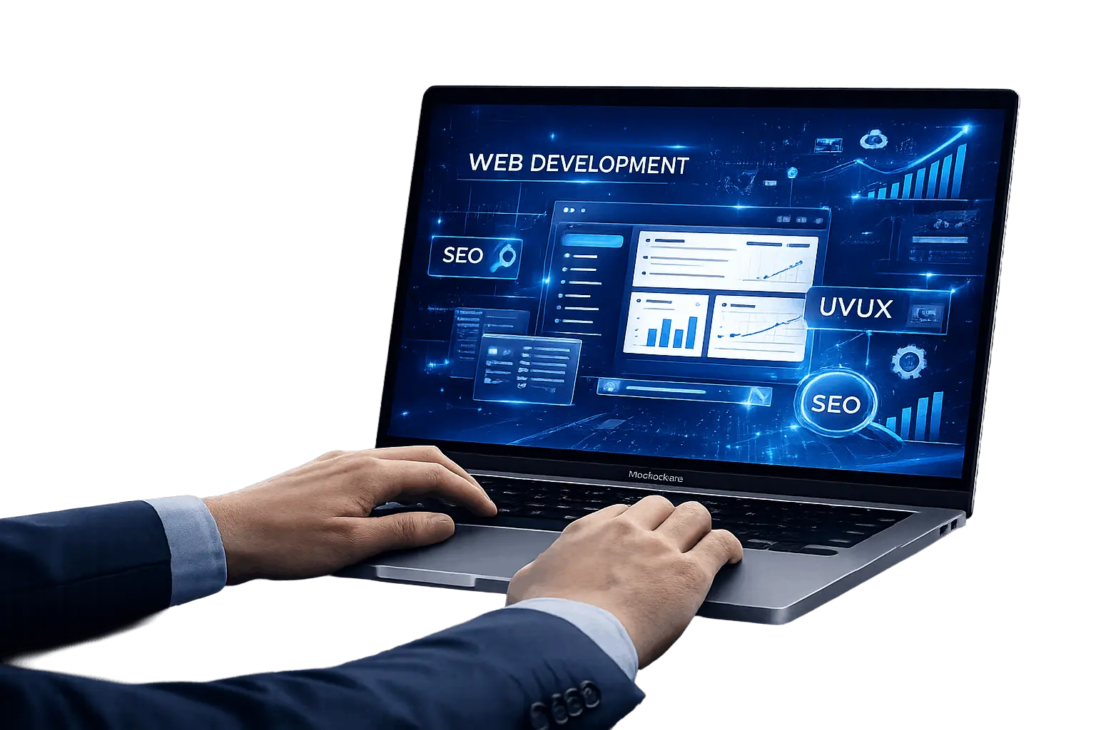 Professional working on web design, SEO, and digital marketing analytics